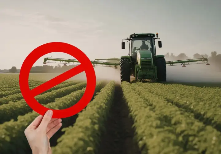 Zakaz oprysków na chwasty. Traktor na polu uprawnym, ręka trzyma znak zakazu.