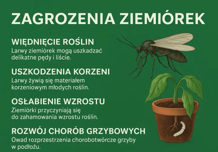 Ziemiórki to szkodniki. Ich larwy uszkadzają korzenie i pędy roślin, osłabiają wzrost i roznoszą choroby grzybowe.