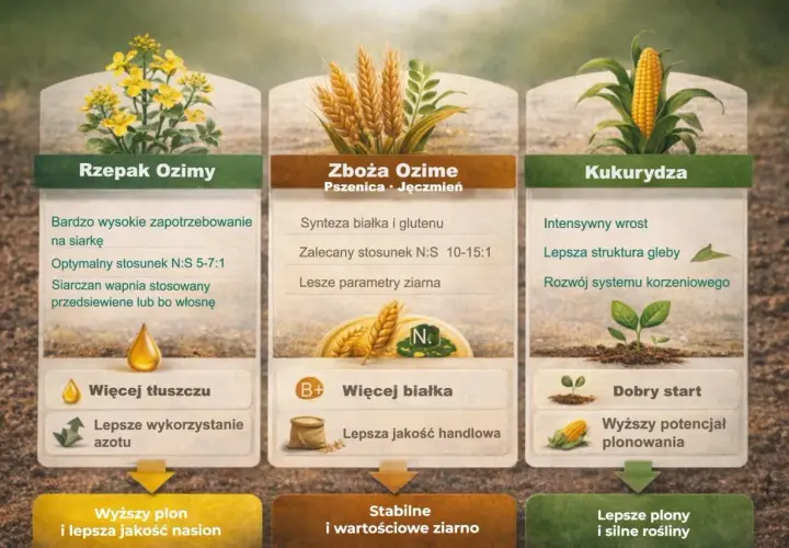 Rzepak ozimy: lepsze wykorzystanie azotu, więcej tłuszczu. Zboża ozime: synteza białka, lepsza jakość ziarna. Kukurydza: intensywny wzrost, dobry start.