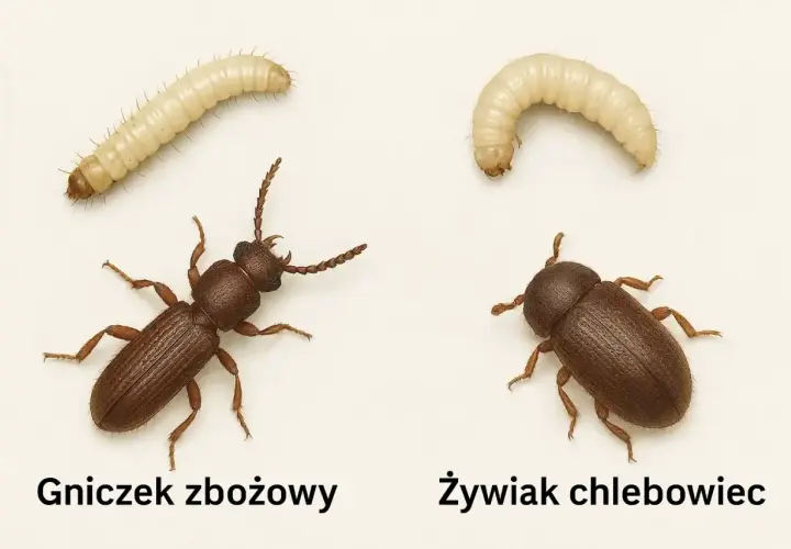 Dwa małe robaczki: gniczek zbożowy i żywiak chlebowiec, obok swoich larw.