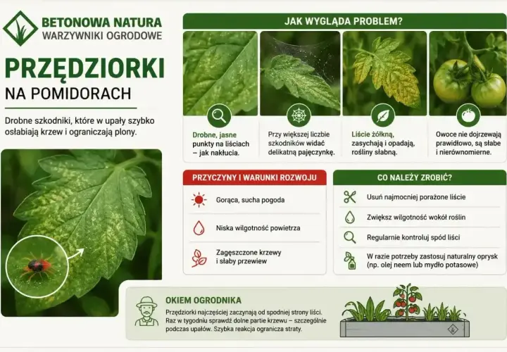 Objawy chorób pomidorów: żółte plamy, pajęczynki, opadające liście. Przędziorki osłabiają rośliny.
