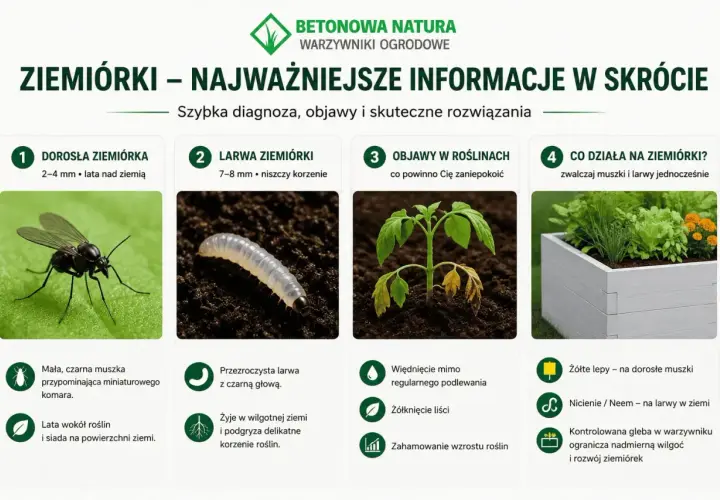 Mała, czarna muszka, czyli ziemiórka, lata wokół roślin. Larwa ziemiórki w ziemi niszczy korzenie, powodując więdnięcie i żółknięcie liści.