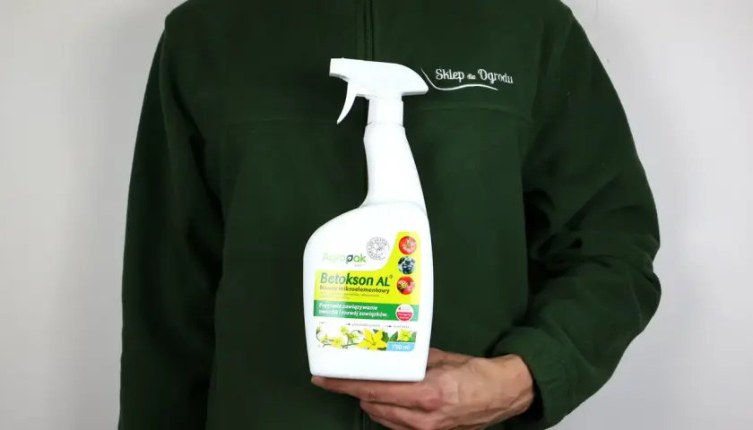 Osoba w zielonej bluzie trzyma butelkę z opryskiem Betokson AL. Produkt poprawia zawiązywanie owoców.