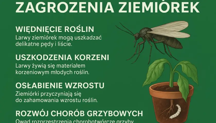 Ziemiórki to szkodniki. Ich larwy uszkadzają korzenie i pędy roślin, osłabiają wzrost i roznoszą choroby grzybowe.