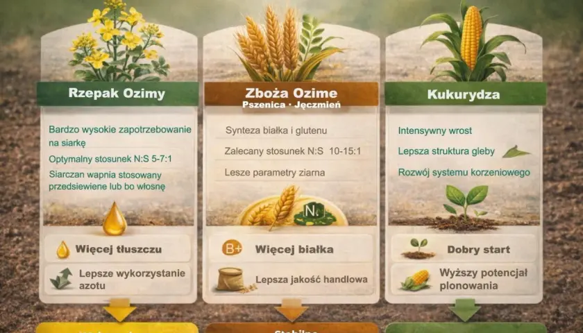 Rzepak ozimy: lepsze wykorzystanie azotu, więcej tłuszczu. Zboża ozime: synteza białka, lepsza jakość ziarna. Kukurydza: intensywny wzrost, dobry start.