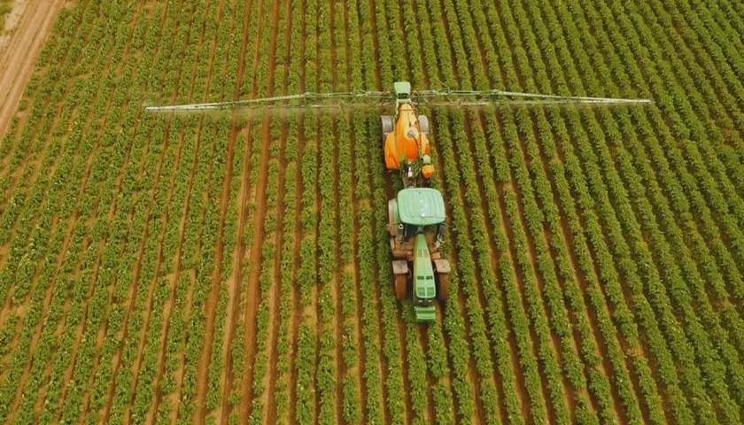 Traktor opryskuje pole, dbając o odpowiednią dawkę siarczanu magnezu na hektar dla zdrowych roślin.