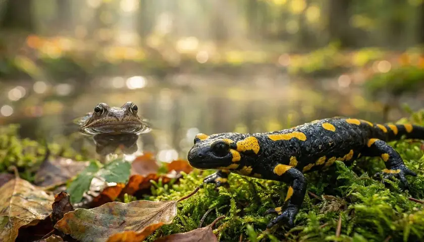 Żywy salamander plamisty i żaba w wodzie, typowe płazy w Polsce, w jesiennym lesie.