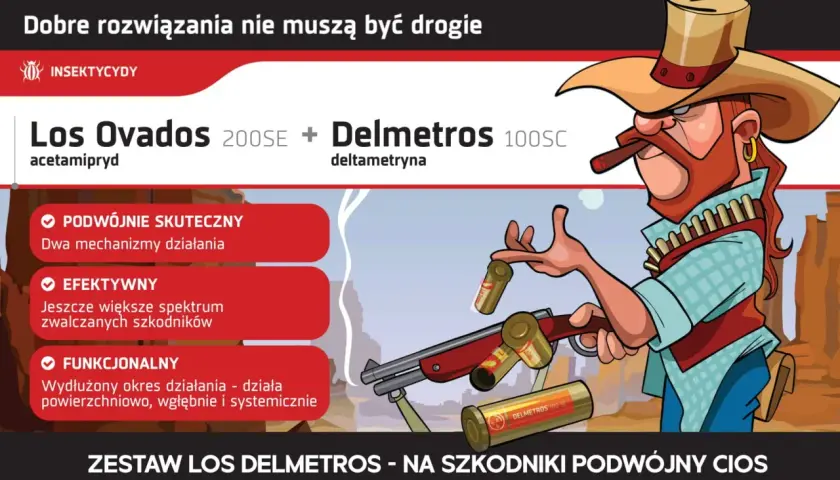 Kowboj z cygarem i rewolwerem prezentuje zestaw Los Delmetros, skuteczne rozwiązanie na szkodniki.