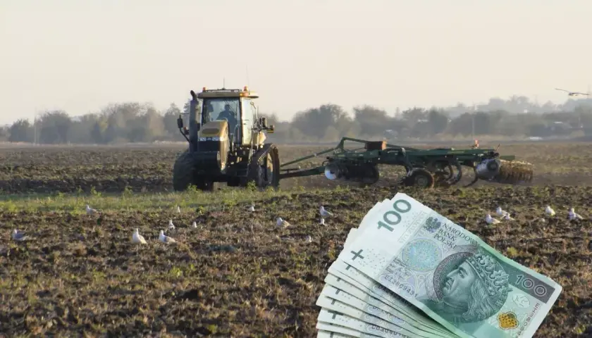 Młody rolnik pracuje na polu, za nim widać pług i stos banknotów 100 zł. Ptaki krążą nad ziemią.