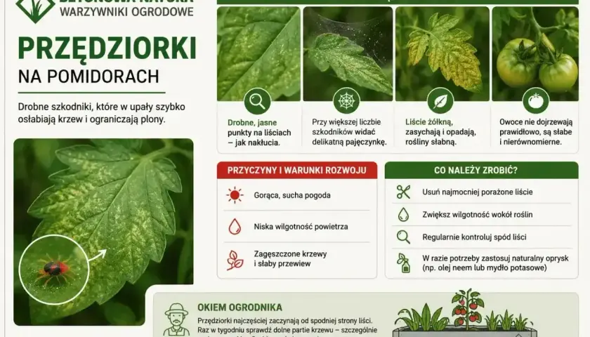 Objawy chorób pomidorów: żółte plamy, pajęczynki, opadające liście. Przędziorki osłabiają rośliny.
