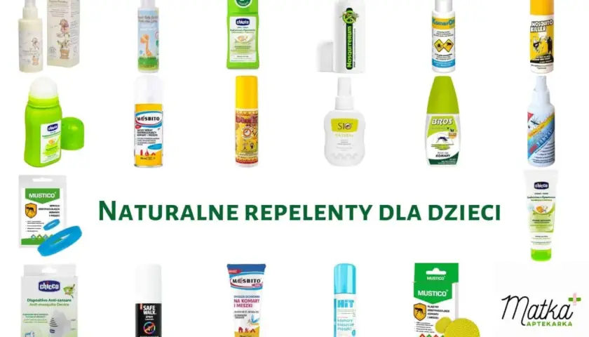 Kolekcja produktów, które odstraszają komary i kleszcze, w tym spraye, roll-ony i plastry.