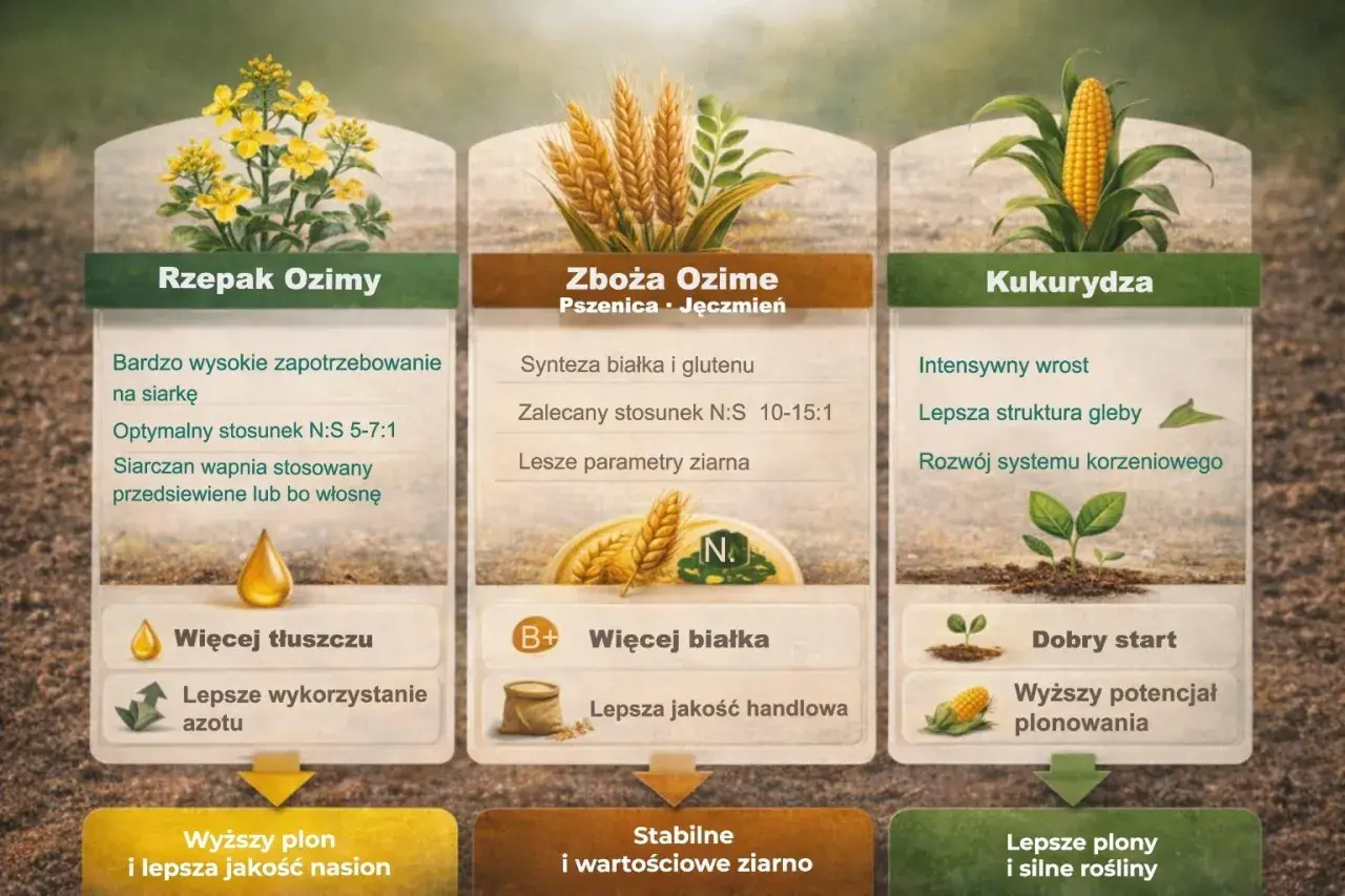 Rzepak ozimy: lepsze wykorzystanie azotu, więcej tłuszczu. Zboża ozime: synteza białka, lepsza jakość ziarna. Kukurydza: intensywny wzrost, dobry start.