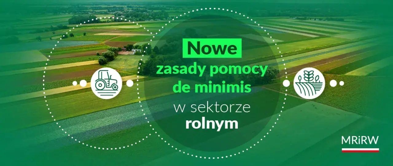 Nowe zasady pomocy de minimis w rolnictwie. Widok z lotu ptaka na pola uprawne z ikonami traktora i roślin.