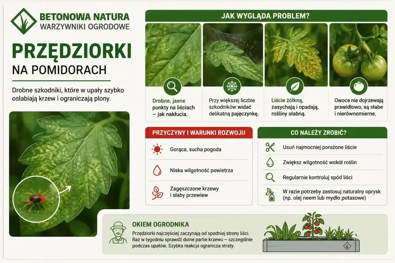 Objawy chorób pomidorów wywołanych przez przędziorki: żółte plamy, pajęczynki, żółknące liście, słabe owoce. Zwalczanie szkodników.